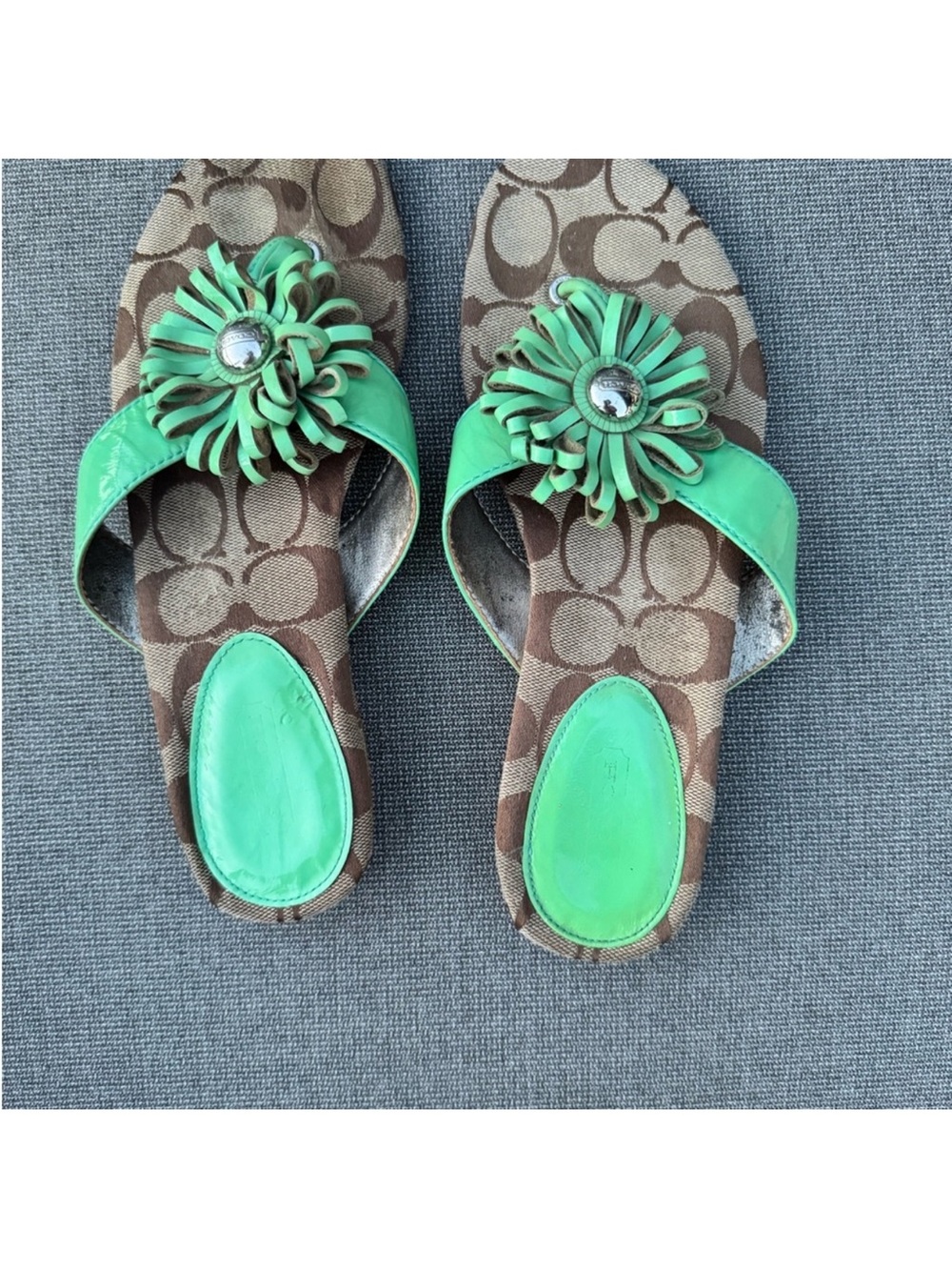 Coach Green Floral Applique Slide Sandals for Women